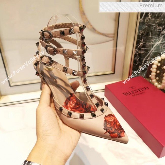 Valentino Rockstud Ankle Strap Calfskin Pump With Rosy Printed And 6.5cm Heel Nude 2020 (XL-20031807)