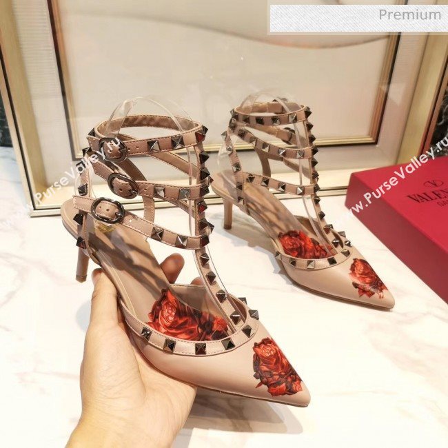 Valentino Rockstud Ankle Strap Calfskin Pump With Rosy Printed And 6.5cm Heel Nude 2020 (XL-20031807)