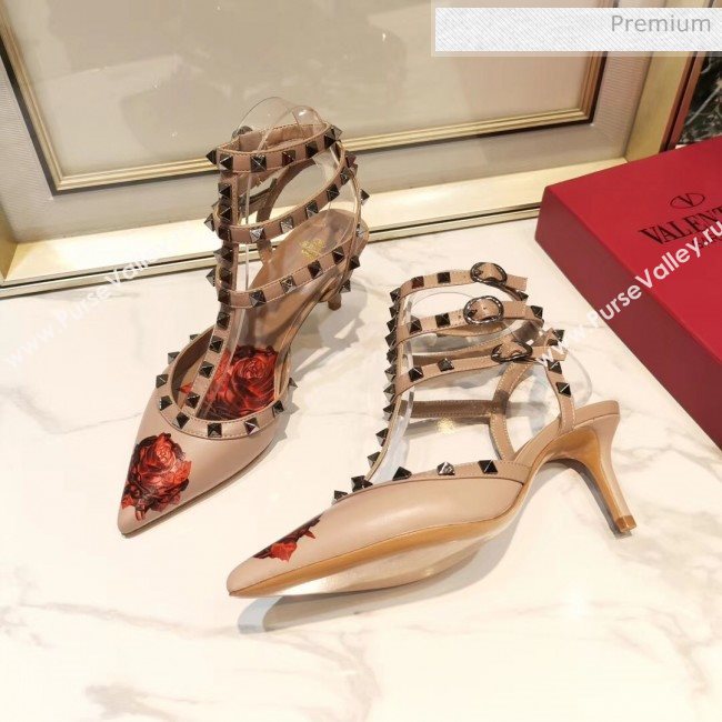 Valentino Rockstud Ankle Strap Calfskin Pump With Rosy Printed And 6.5cm Heel Nude 2020 (XL-20031807)