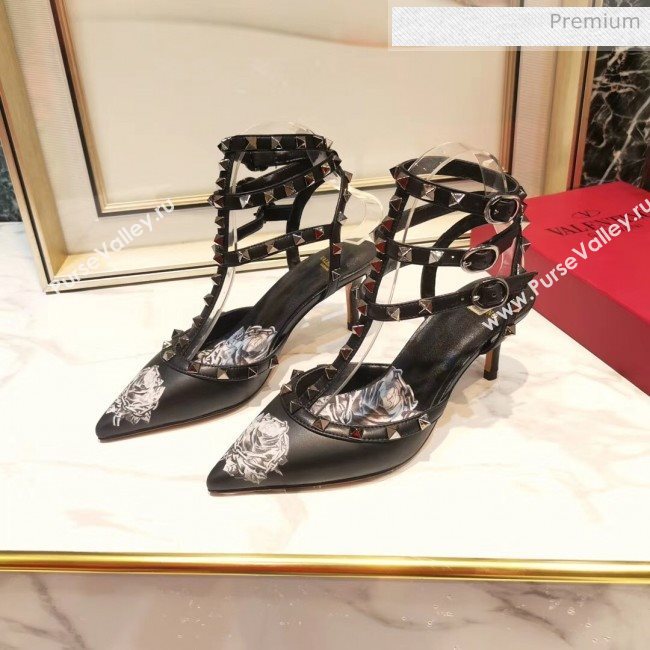 Valentino Rockstud Ankle Strap Calfskin Pump With Rosy Printed And 6.5cm Heel Black 2020 (XL-20031808)