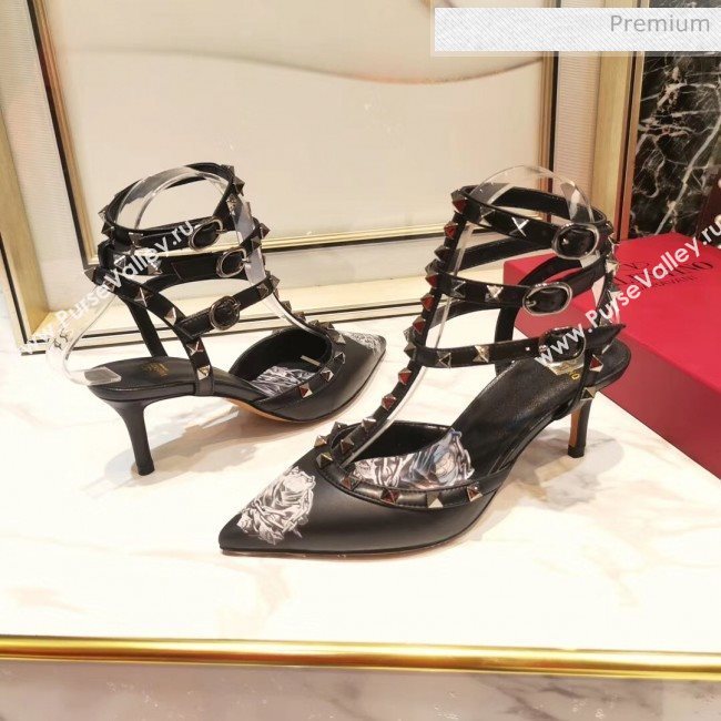 Valentino Rockstud Ankle Strap Calfskin Pump With Rosy Printed And 6.5cm Heel Black 2020 (XL-20031808)