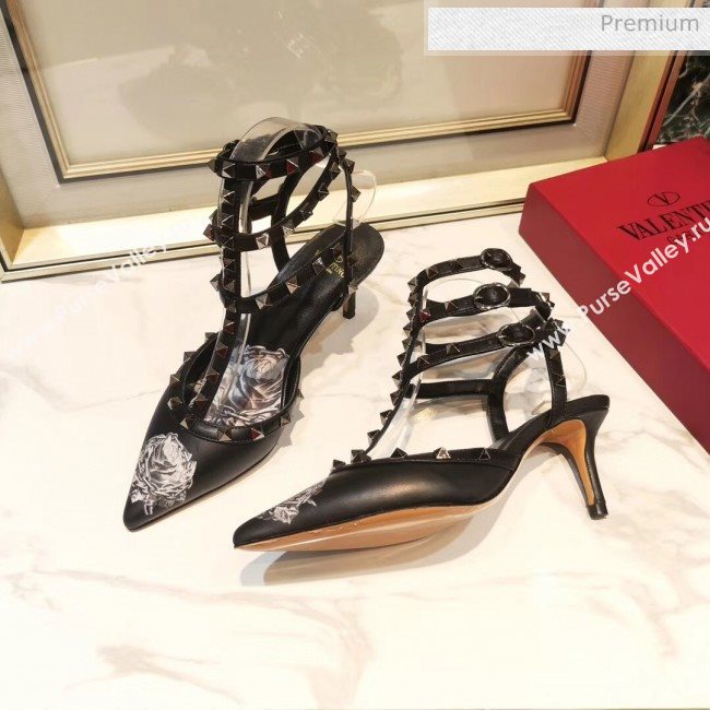 Valentino Rockstud Ankle Strap Calfskin Pump With Rosy Printed And 6.5cm Heel Black 2020 (XL-20031808)