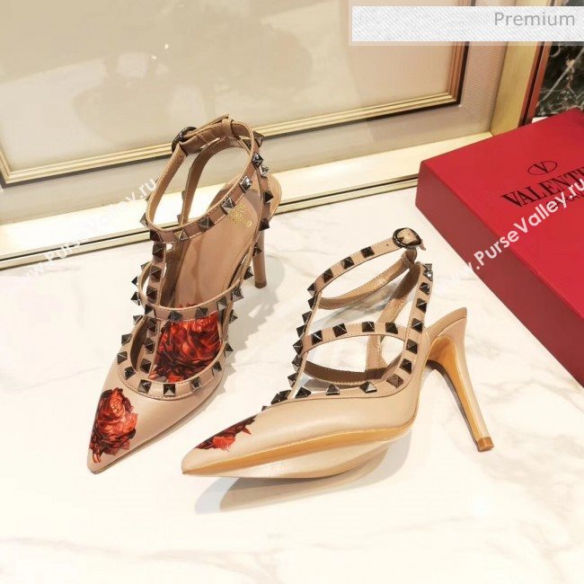 Valentino Rockstud Ankle Strap Calfskin Pump With Rosy Printed And 9.5cm Heel Nude 2020 (XL-20031809)