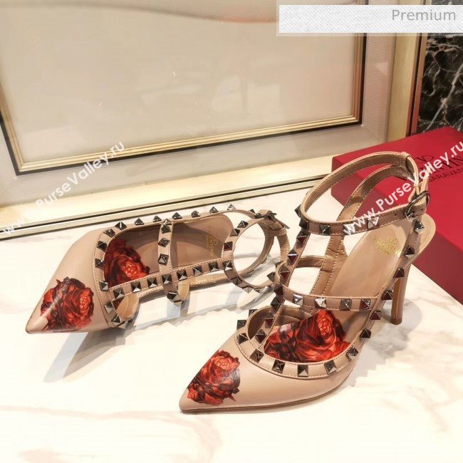 Valentino Rockstud Ankle Strap Calfskin Pump With Rosy Printed And 9.5cm Heel Nude 2020 (XL-20031809)
