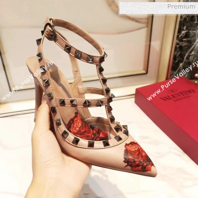 Valentino Rockstud Ankle Strap Calfskin Pump With Rosy Printed And 9.5cm Heel Nude 2020 (XL-20031809)