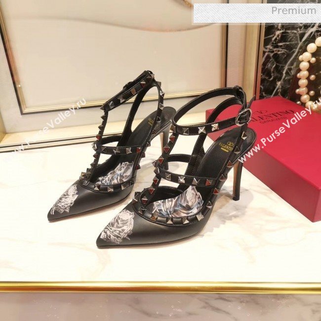 Valentino Rockstud Ankle Strap Calfskin Pump With Rosy Printed And 9.5cm Heel Black 2020 (XL-20031810)