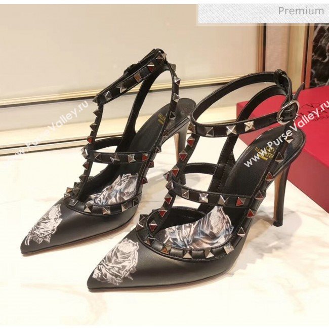 Valentino Rockstud Ankle Strap Calfskin Pump With Rosy Printed And 9.5cm Heel Black 2020 (XL-20031810)