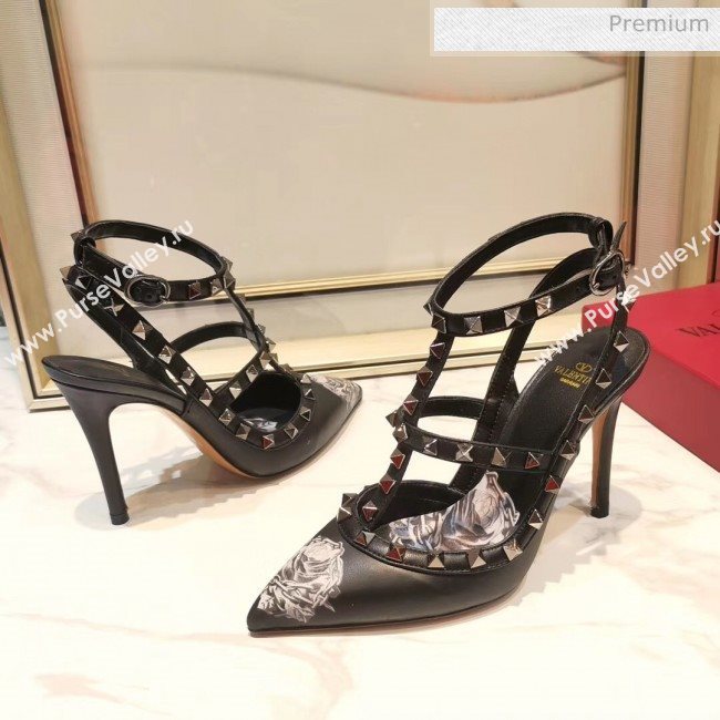 Valentino Rockstud Ankle Strap Calfskin Pump With Rosy Printed And 9.5cm Heel Black 2020 (XL-20031810)