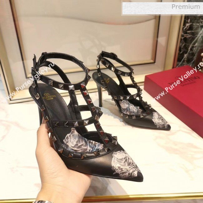 Valentino Rockstud Ankle Strap Calfskin Pump With Rosy Printed And 9.5cm Heel Black 2020 (XL-20031810)