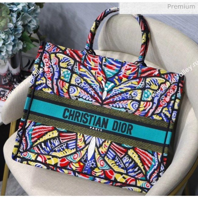 Dior Large Book Tote Bag in Multicolored Butterfly Embroidered Canvas Orange 2018 (XXG-20031907)