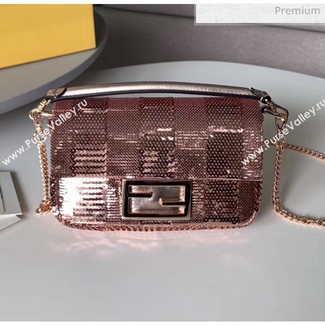 Fendi Mini Baguette Bag with Sequins Pequin Embroidery Pink 2020 (HS-20032001)