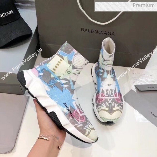Balenciaga Graffiti Knit Sock Speed Trainer Sneaker Blue 2020 (MD-20033011)