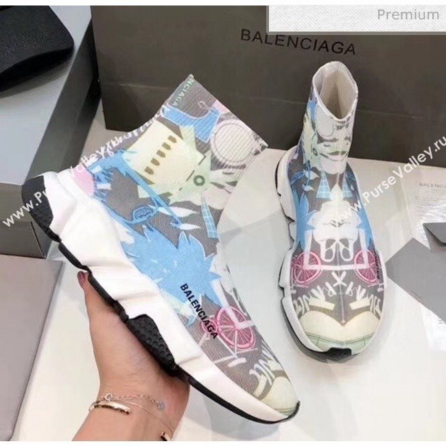 Balenciaga Graffiti Knit Sock Speed Trainer Sneaker Blue 2020 (MD-20033011)