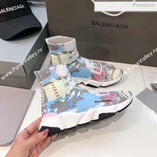 Balenciaga Graffiti Knit Sock Speed Trainer Sneaker Blue 2020 (MD-20033011)