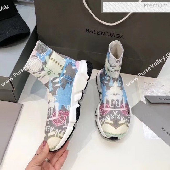 Balenciaga Graffiti Knit Sock Speed Trainer Sneaker Blue 2020 (MD-20033011)