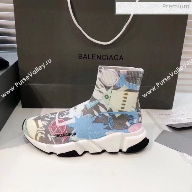 Balenciaga Graffiti Knit Sock Speed Trainer Sneaker Blue 2020 (MD-20033011)