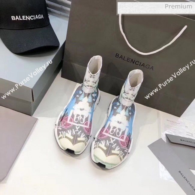 Balenciaga Graffiti Knit Sock Speed Trainer Sneaker Blue 2020 (MD-20033011)