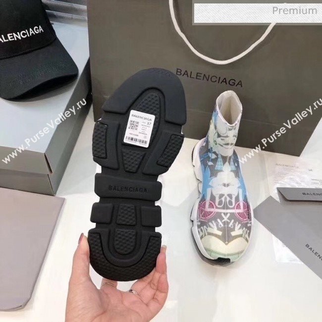 Balenciaga Graffiti Knit Sock Speed Trainer Sneaker Blue 2020 (MD-20033011)