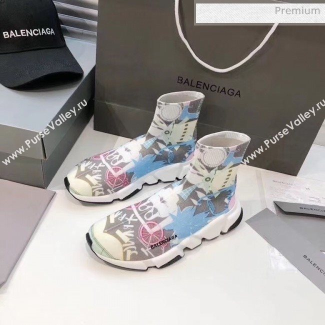 Balenciaga Graffiti Knit Sock Speed Trainer Sneaker Blue 2020 (MD-20033011)