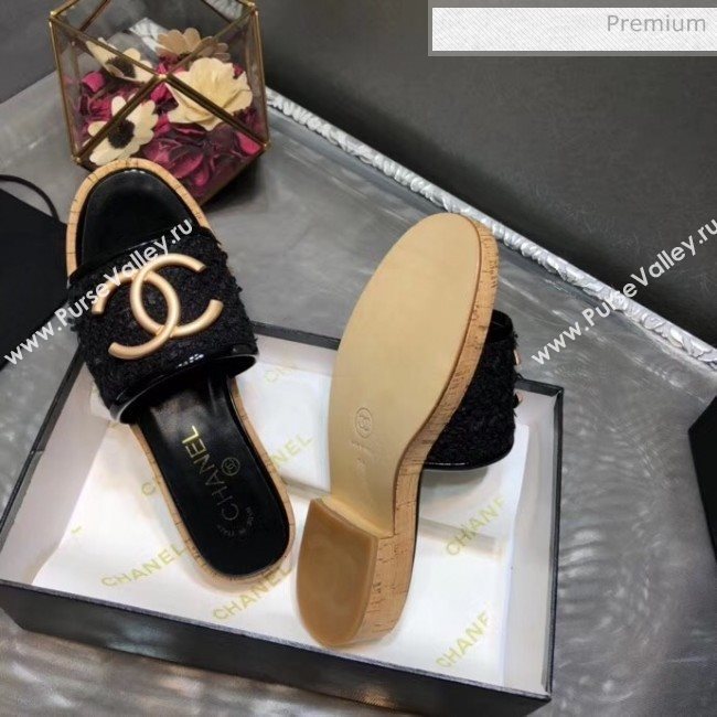 Chanel CC Metal Logo Tweed Flat Slide Sandals Black 2020 (MD-20033123)