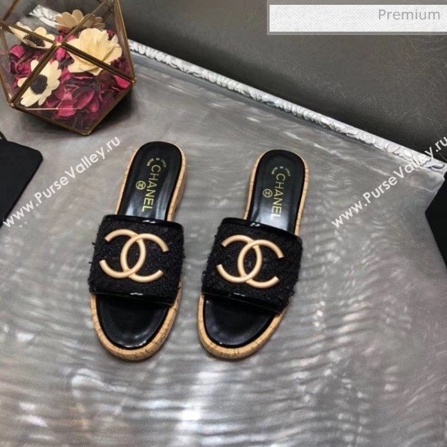 Chanel CC Metal Logo Tweed Flat Slide Sandals Black 2020 (MD-20033123)