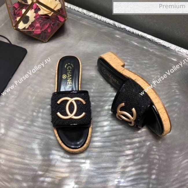 Chanel CC Metal Logo Tweed Flat Slide Sandals Black 2020 (MD-20033123)