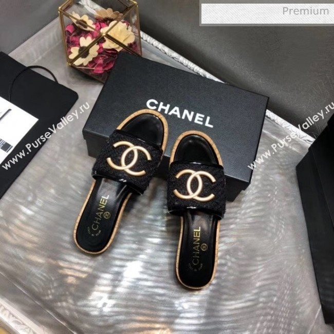 Chanel CC Metal Logo Tweed Flat Slide Sandals Black 2020 (MD-20033123)