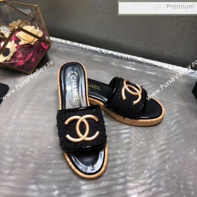 Chanel CC Metal Logo Tweed Flat Slide Sandals Black 2020 (MD-20033123)