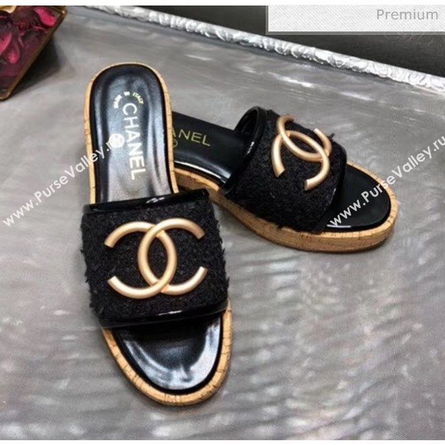 Chanel CC Metal Logo Tweed Flat Slide Sandals Black 2020 (MD-20033123)