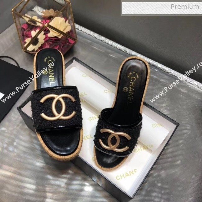 Chanel CC Metal Logo Tweed Flat Slide Sandals Black 2020 (MD-20033123)