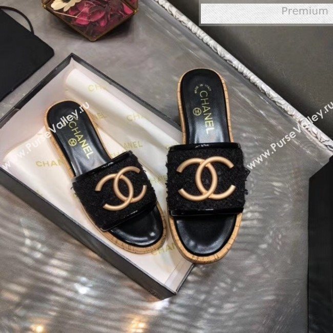 Chanel CC Metal Logo Tweed Flat Slide Sandals Black 2020 (MD-20033123)