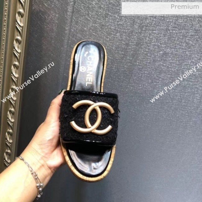 Chanel CC Metal Logo Tweed Flat Slide Sandals Black 2020 (MD-20033123)