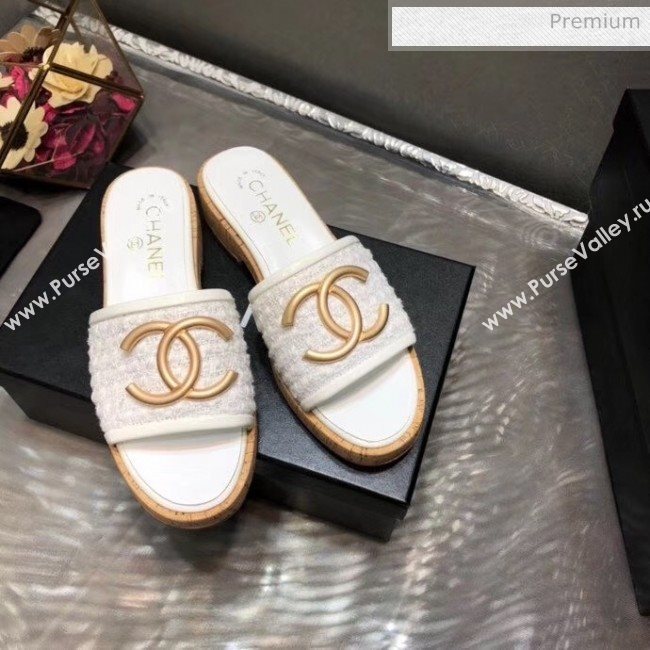 Chanel CC Metal Logo Tweed Flat Slide Sandals White 2020 (MD-20033124)