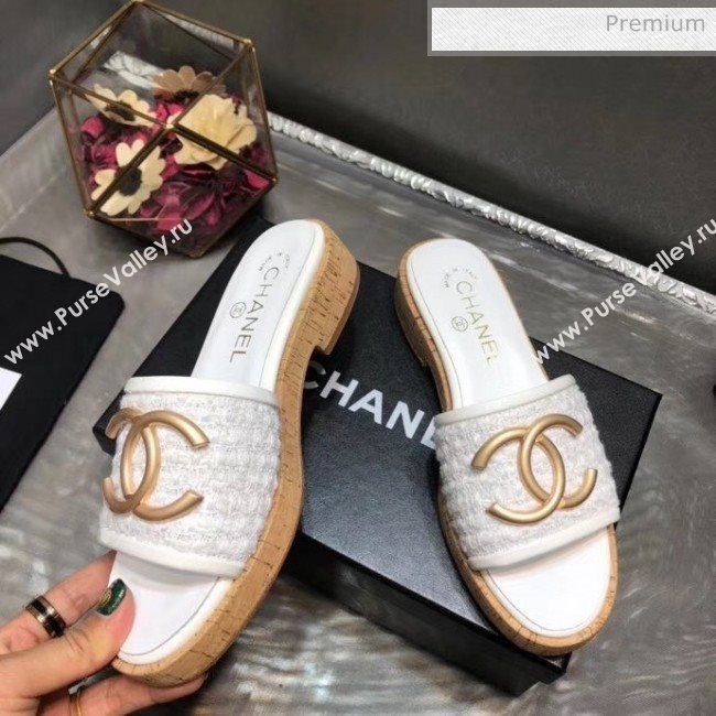 Chanel CC Metal Logo Tweed Flat Slide Sandals White 2020 (MD-20033124)