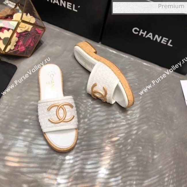 Chanel CC Metal Logo Tweed Flat Slide Sandals White 2020 (MD-20033124)