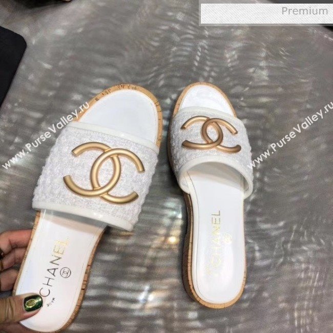 Chanel CC Metal Logo Tweed Flat Slide Sandals White 2020 (MD-20033124)