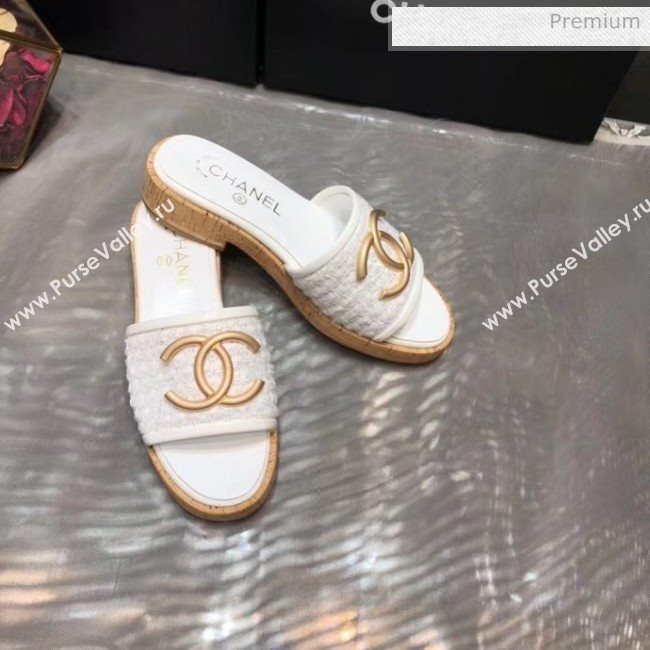 Chanel CC Metal Logo Tweed Flat Slide Sandals White 2020 (MD-20033124)