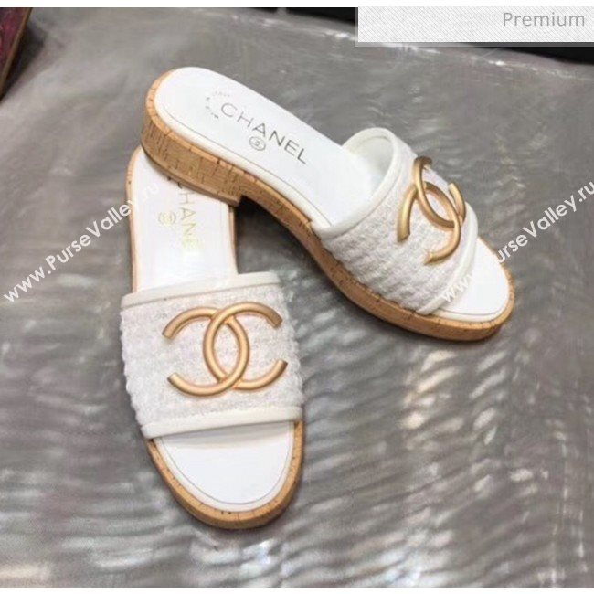 Chanel CC Metal Logo Tweed Flat Slide Sandals White 2020 (MD-20033124)