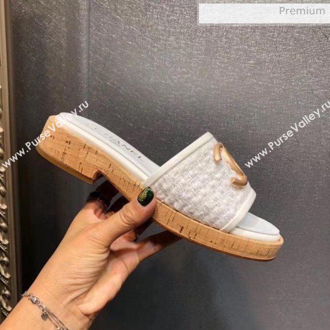 Chanel CC Metal Logo Tweed Flat Slide Sandals White 2020 (MD-20033124)