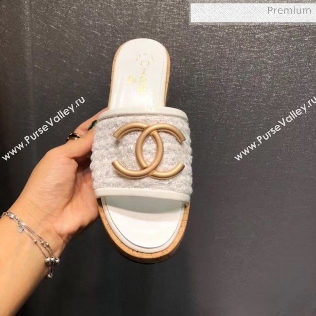 Chanel CC Metal Logo Tweed Flat Slide Sandals White 2020 (MD-20033124)