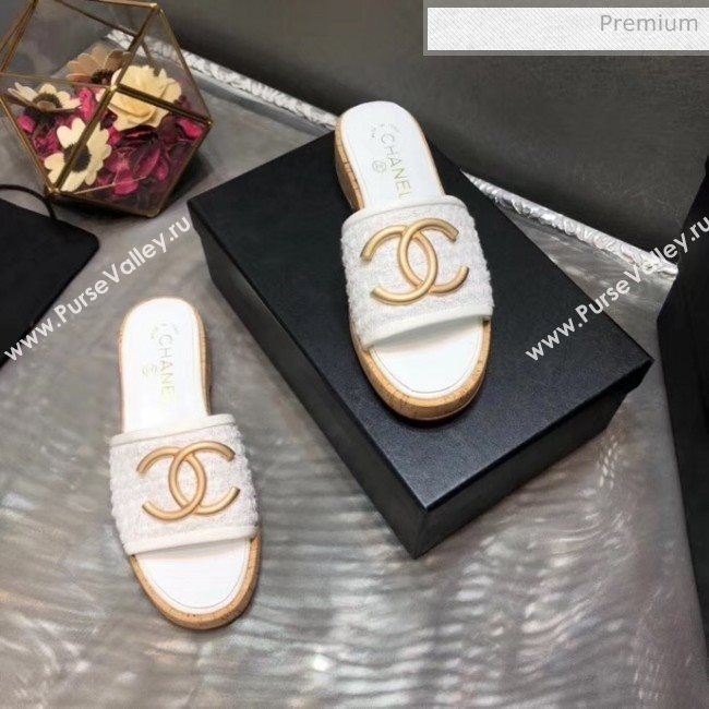 Chanel CC Metal Logo Tweed Flat Slide Sandals White 2020 (MD-20033124)