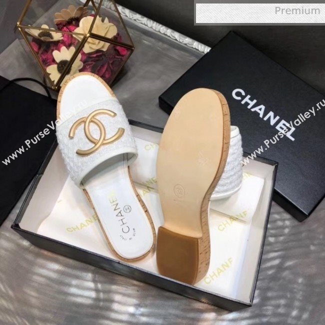 Chanel CC Metal Logo Tweed Flat Slide Sandals White 2020 (MD-20033124)