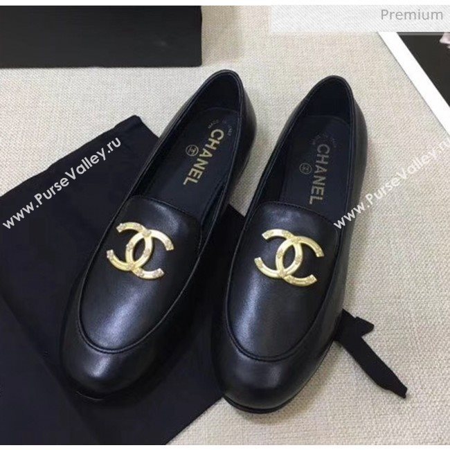 Chanel Lambskin Flat Loafers With Metal CC Logo Black 2020 (MD-20032618)