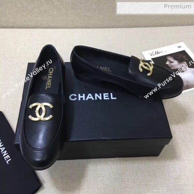 Chanel Lambskin Flat Loafers With Metal CC Logo Black 2020 (MD-20032618)