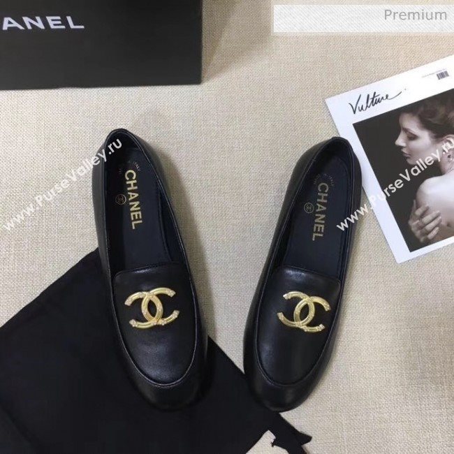 Chanel Lambskin Flat Loafers With Metal CC Logo Black 2020 (MD-20032618)