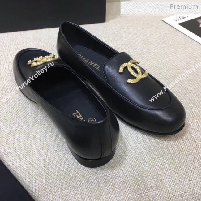 Chanel Lambskin Flat Loafers With Metal CC Logo Black 2020 (MD-20032618)