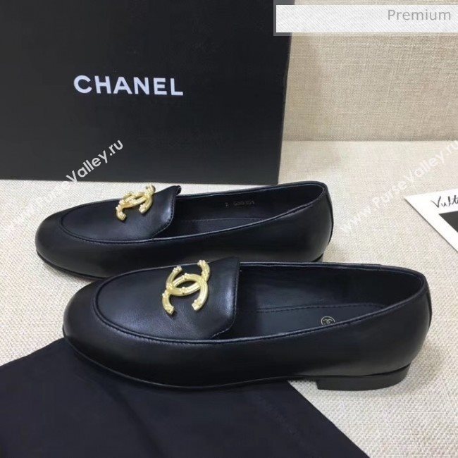 Chanel Lambskin Flat Loafers With Metal CC Logo Black 2020 (MD-20032618)