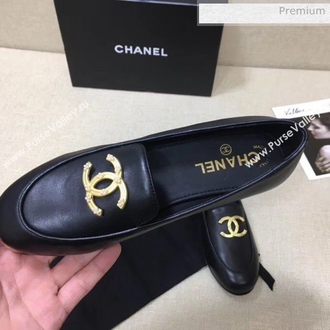 Chanel Lambskin Flat Loafers With Metal CC Logo Black 2020 (MD-20032618)