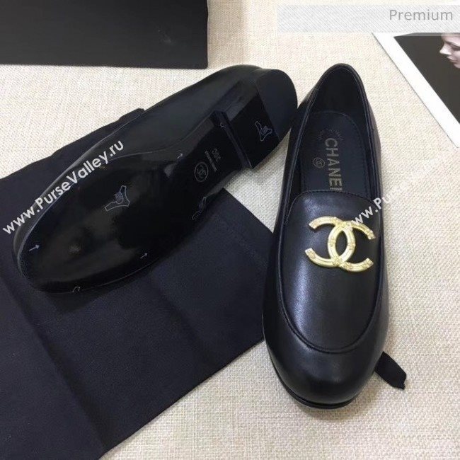 Chanel Lambskin Flat Loafers With Metal CC Logo Black 2020 (MD-20032618)
