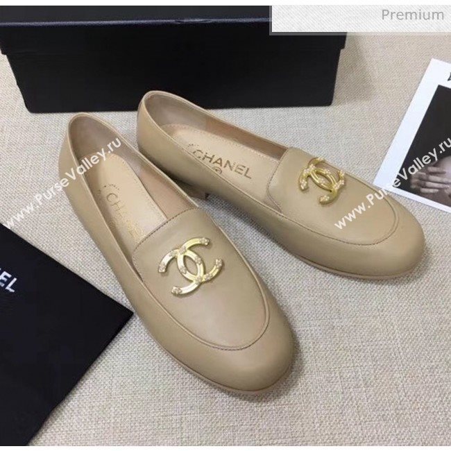 Chanel Lambskin Flat Loafers With Metal CC Logo Nude 2020 (MD-20032619)